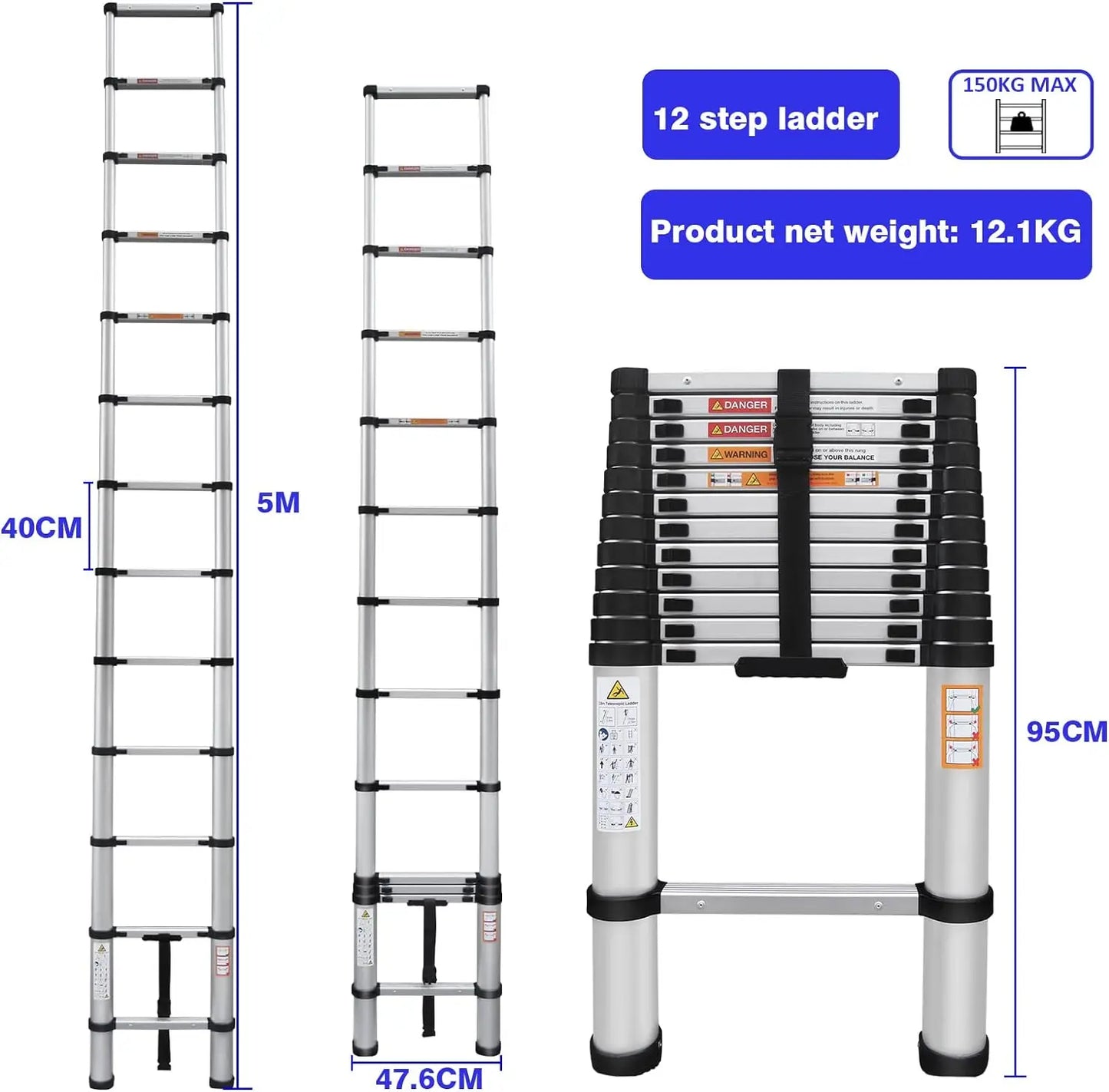 2.6M-5M Telescopic Ladder Sturdy Aluminum Telescoping Extension Ladder 330Lb Max Load EN131 for Household Outdoor Work (Copy)-Ninja Market