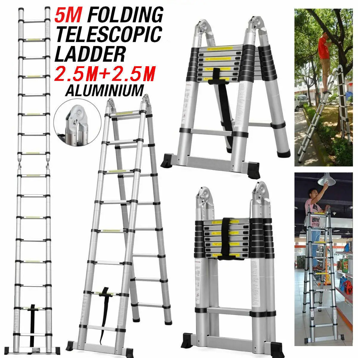 2.6M-5M Telescopic Ladder Sturdy Aluminum Telescoping Extension Ladder 330Lb Max Load EN131 for Household Outdoor Work (Copy)-Ninja Market