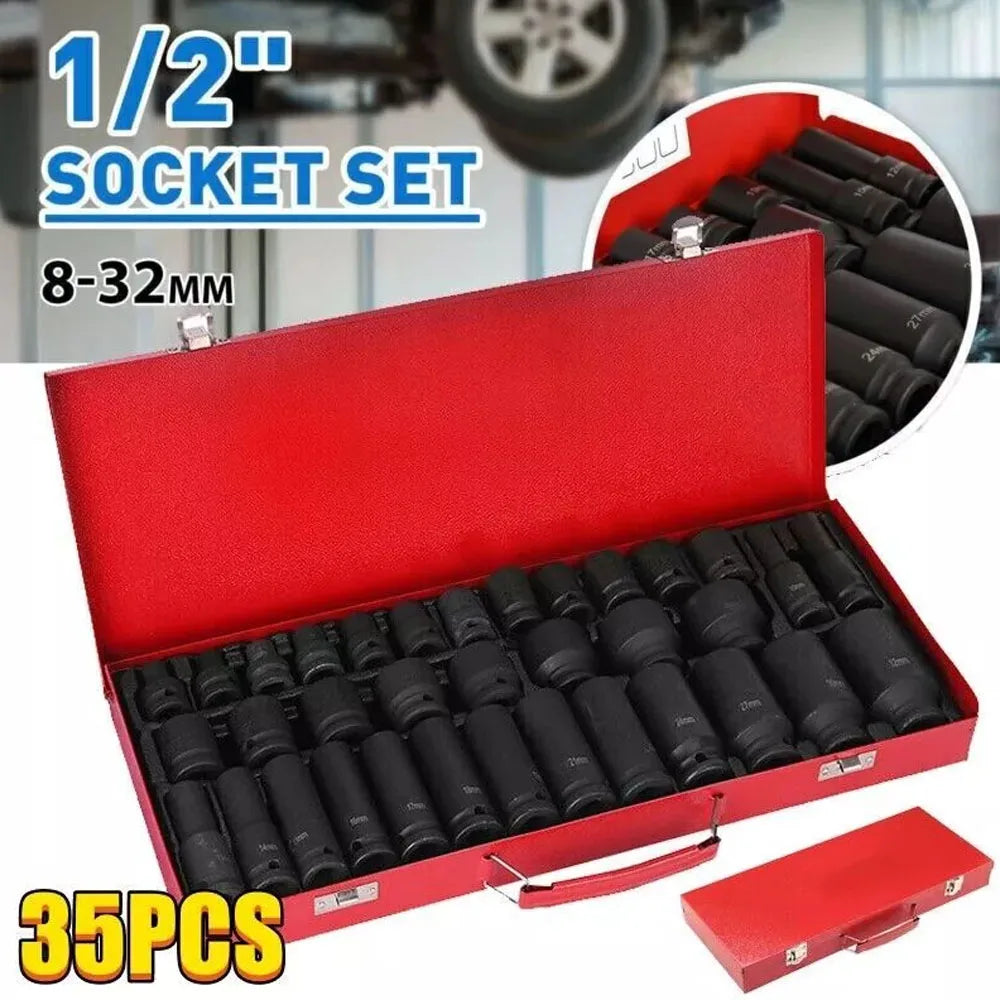 35Pcs Deep Impact Socket Set 1/2" Drive 6 Point Air Sockets Spindle Axle Nut Garage Workshop Car Auto Truck Repair Hand Tools-Ninja Market