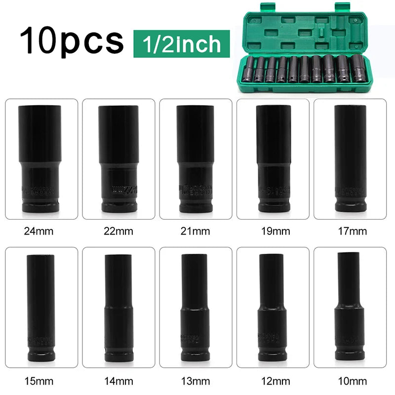 [UK Stock] 10pc Wrench Sleeve Electric wrench socket 1/2 inch 12.5mm Square Head Impact Socket Set Wrench Head Tire Removal Tool