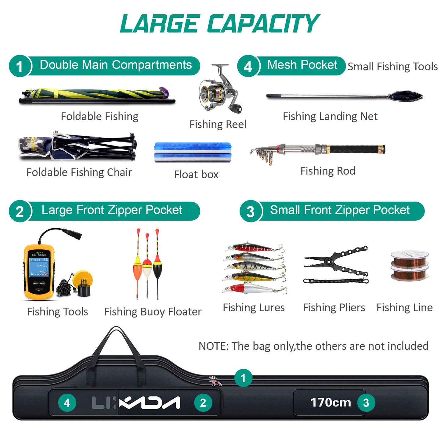 Lixada 170cm Fishing Bag Portable Folding Fishing Rod Reel Bags Fishing Pole Gear Tackle Tool Carry Case Carrier Storage