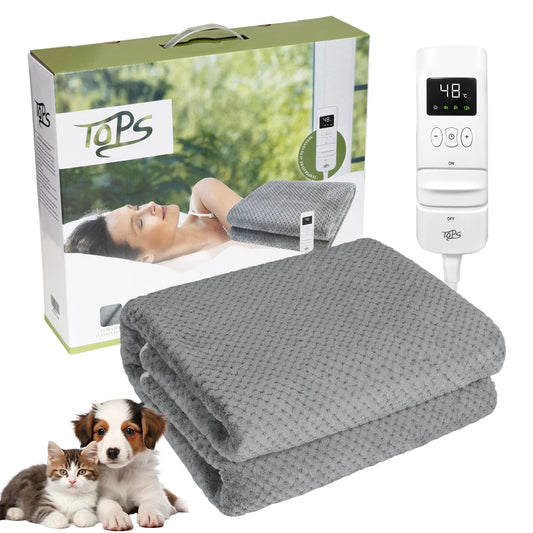 TOPS Electric Blanket Heated Underblanket 150x80cm & 160x140cm, 18-48℃ Heat Settings, Auto-off Timer, Warm Flannel Pet Friendly