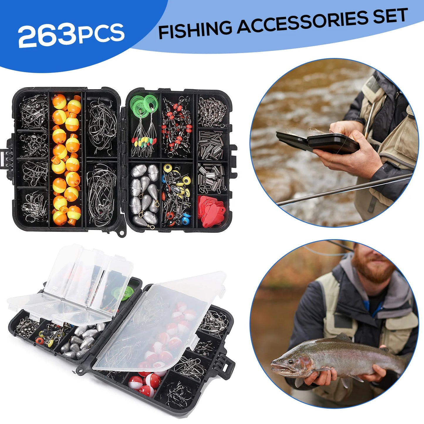 263pcs Fishing Accessories Set with Tackle Box Including Plier Jig Hooks Sinker Weight Swivels Snaps Sinker Slides-Ninja Market