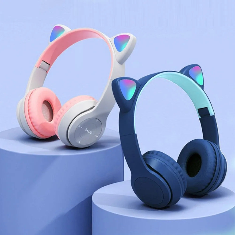 Glow Light Stereo Bass Wireless Cat Ear Gaming Headset Bluetooth Compatible for Kids and Adults