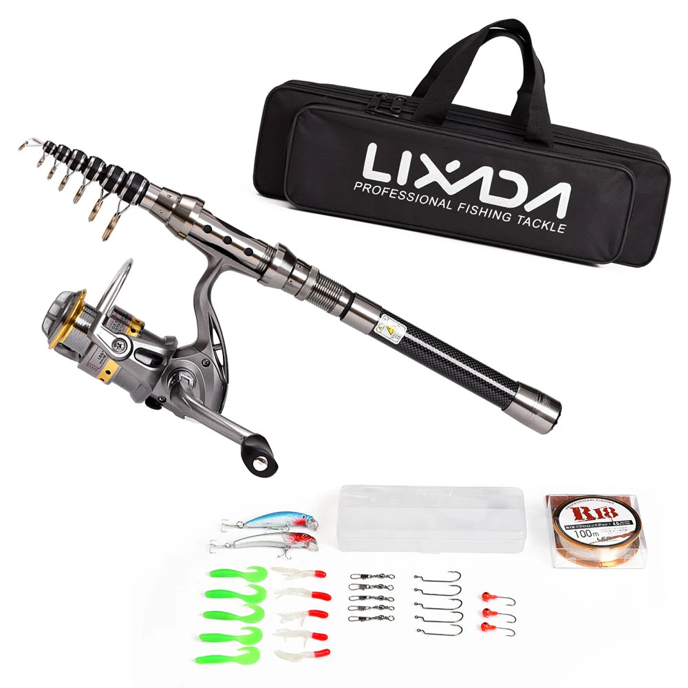 Lixada Telescopic Fishing Rod and Reel Combo Full Kit Spinning Fishing Reel Gear Organizer Pole Set with 100M Fishing Line Lures