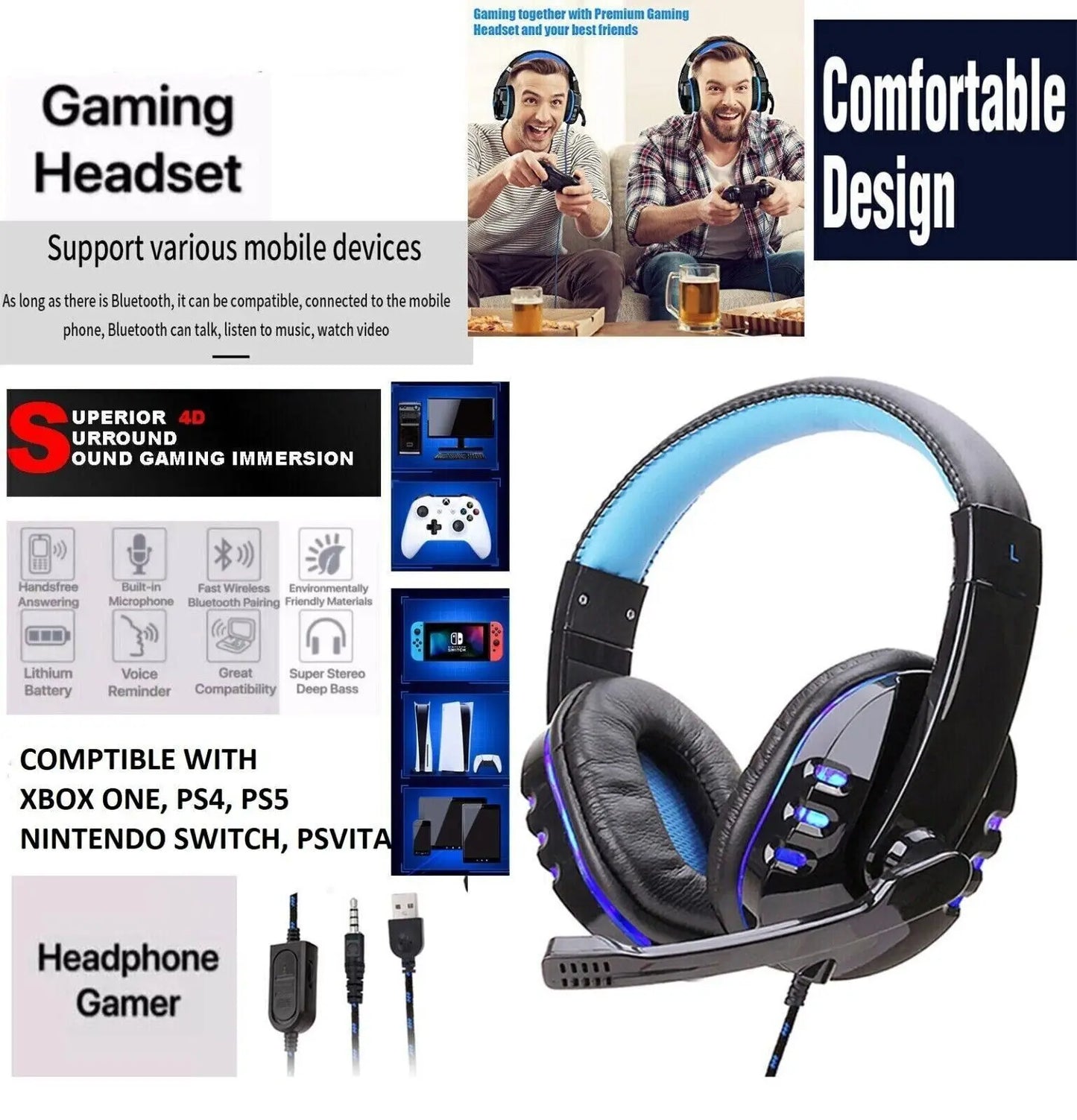 USB Gaming Headset With Microphone For PC Laptop PS4 Xbox One PS5 Headphones LED-Ninja Market