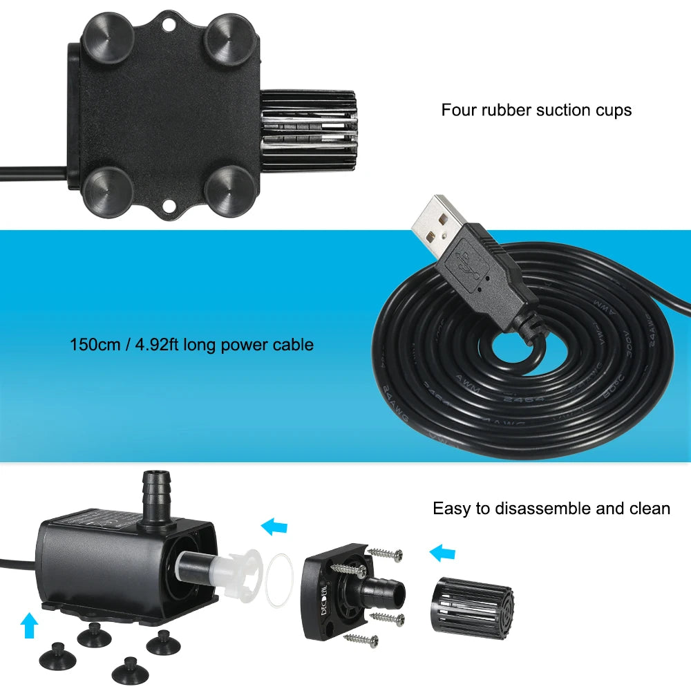 USB DC5V 2.4W Ultra-quiet Mini Brushless Water Pump Waterproof Submersible Fountain Aquarium Circulating 250L/H Lift 200cm-Ninja Market