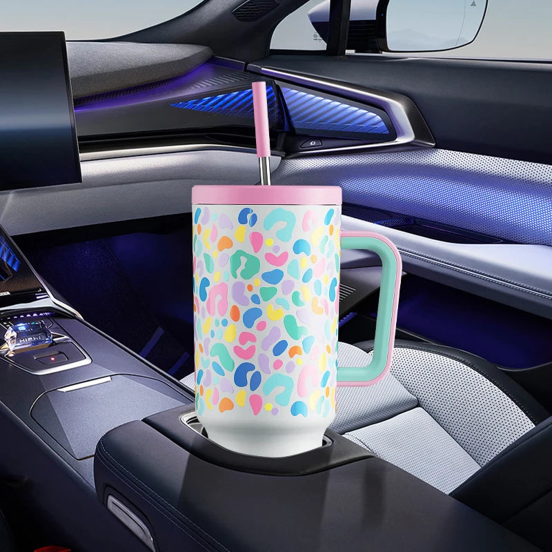 Meoky 40oz Tumbler with Handle Straw Lids Vacuum Flasks Colored Leopard Drinkwear Portable Thermoses Coffee Cup Non-Slip Car Mug