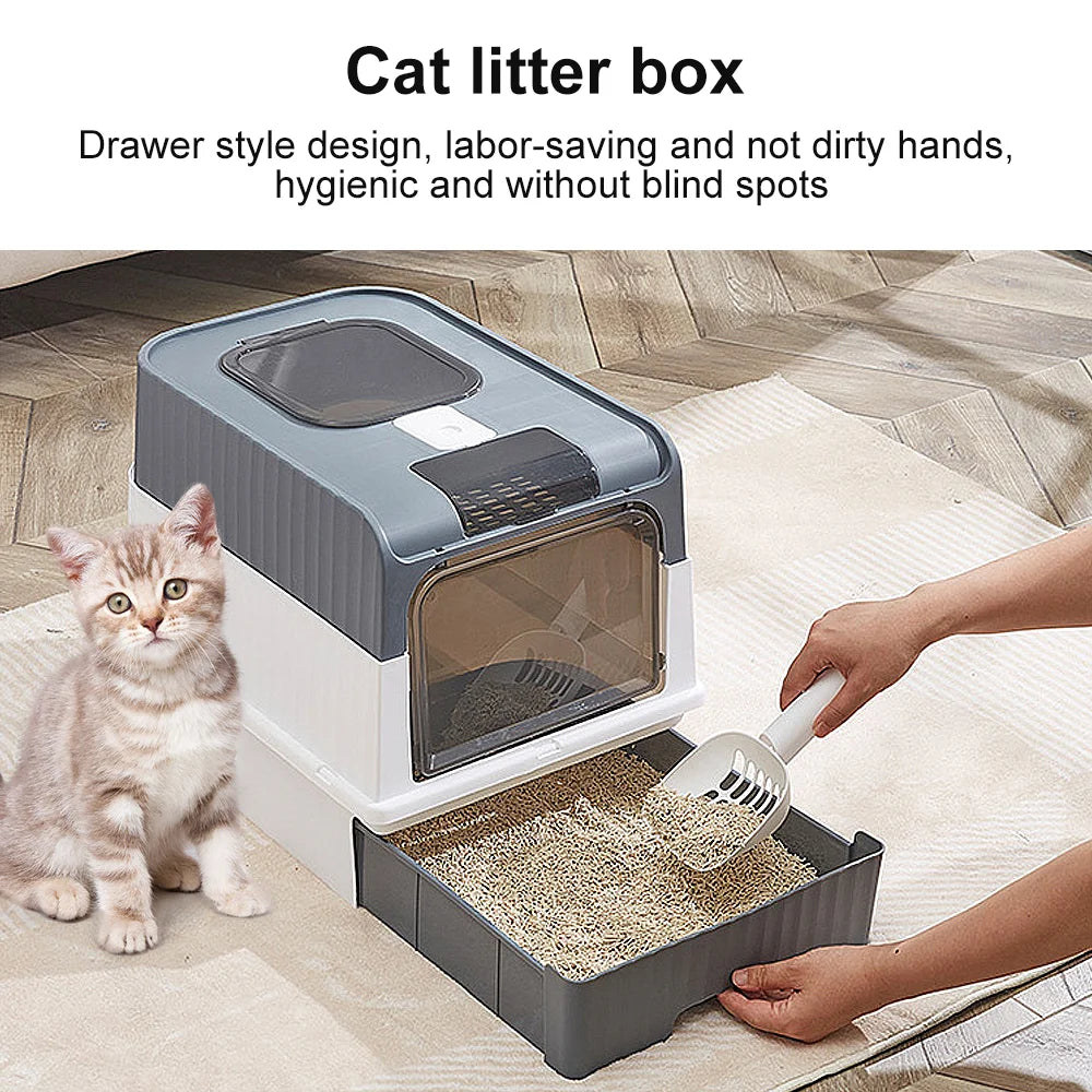 [UK Stock] Litter box Cat Litter Box with Lid Drawer Style Cat Toilet Pet Supplies Portable Cat Litter Pan with Plastic Scoop