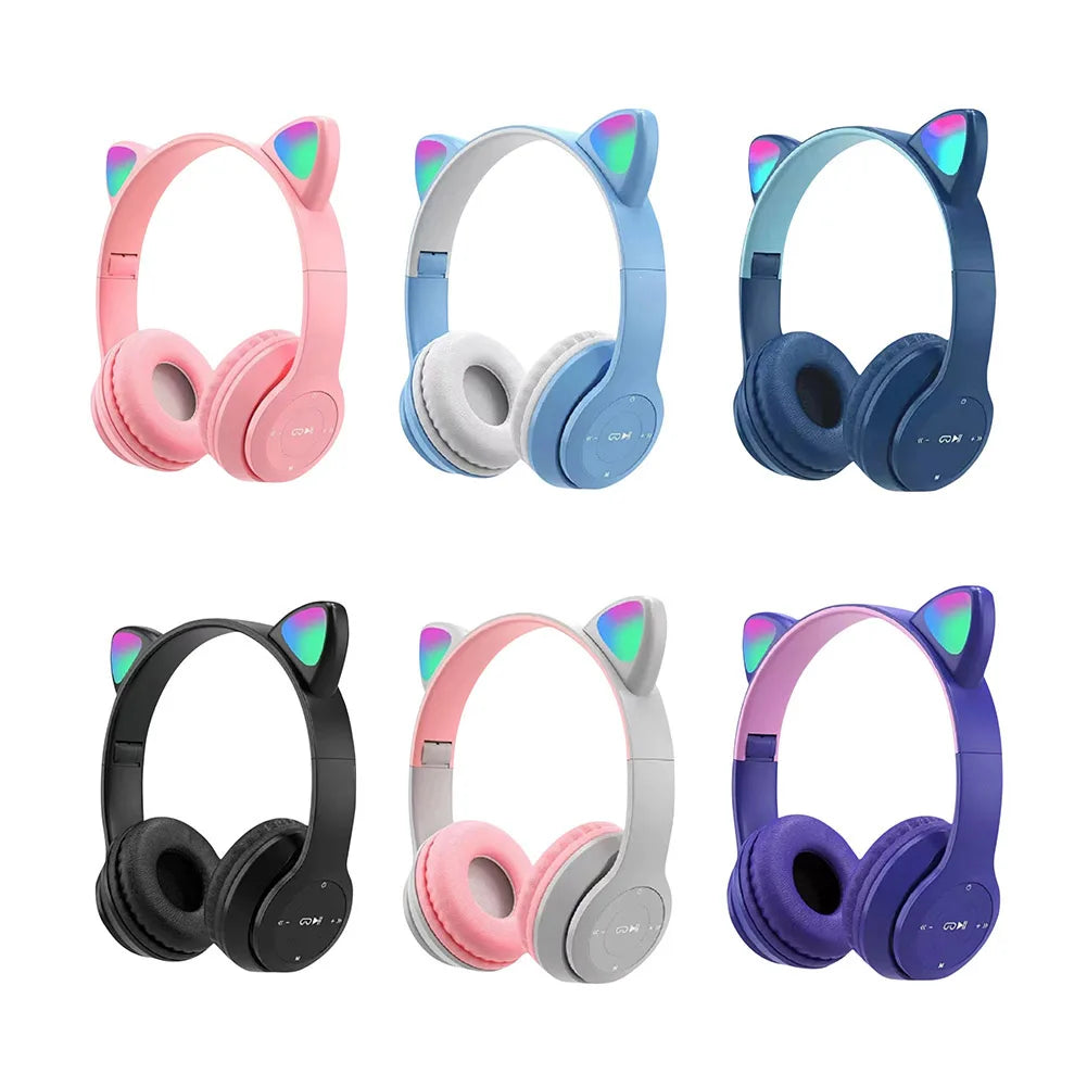 Glow Light Stereo Bass Wireless Cat Ear Gaming Headset Bluetooth Compatible for Kids and Adults