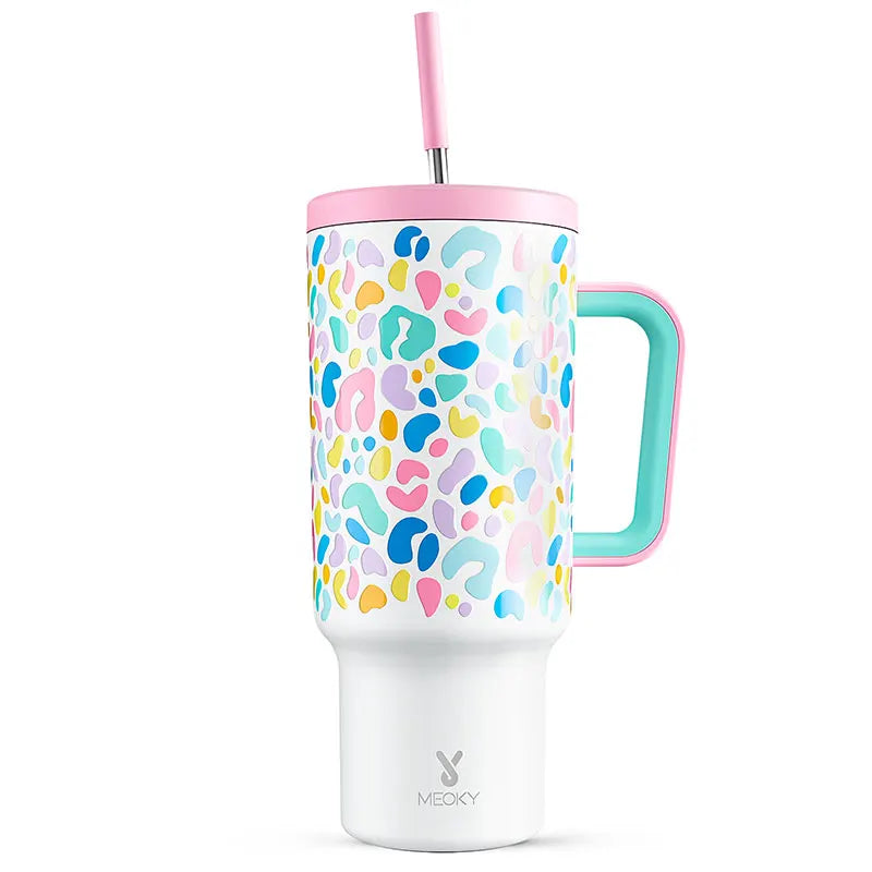 Meoky 40oz Tumbler with Handle Straw Lids Vacuum Flasks Colored Leopard Drinkwear Portable Thermoses Coffee Cup Non-Slip Car Mug