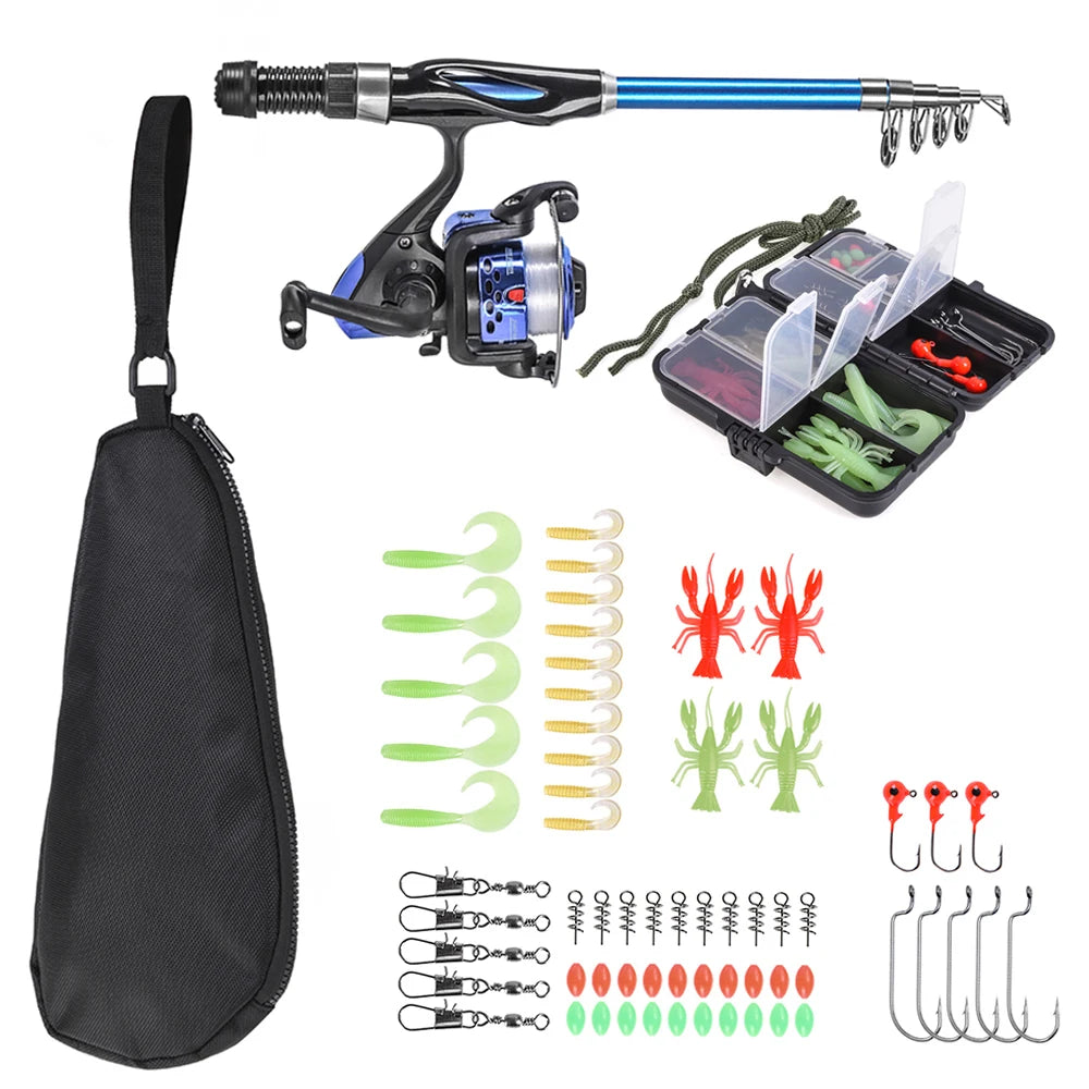 Fishing Rod Reel Combo Full Kit 1.5 m Telescopic Fishing Rod Spinning Reel Set with Hooks Soft Lures Barrel Swivels Storage Bag