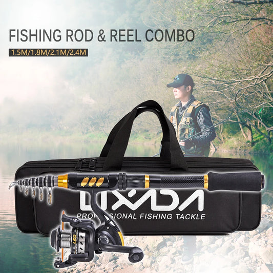 Telescopic Fishing Rod and Reel Combo Full Kit Organizer Pole Set with Fishing Line Lures Hooks Jig Head Fishing Carrier Bag