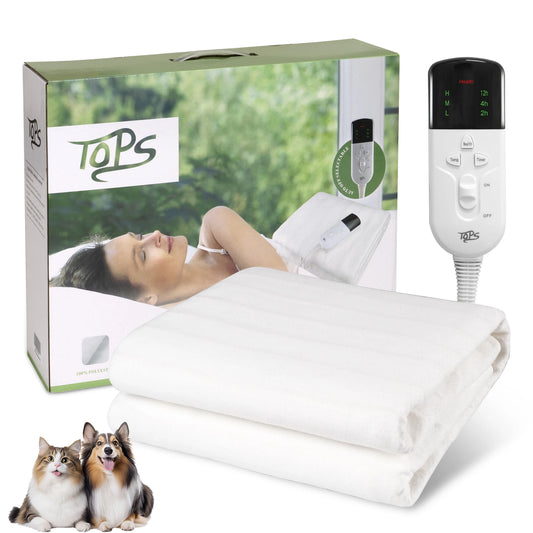 TOPS Electric Blanket Heated Underblanket 150 x 80cm & 160 x 140cm, 3 Heat Settings w/ Timer Machine Washable Pet Friendly