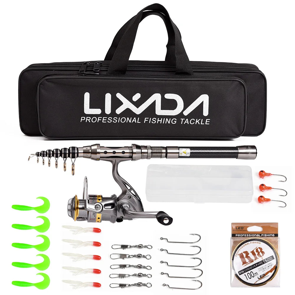 Lixada Telescopic Fishing Rod and Reel Combo Full Kit Spinning Fishing Reel Gear Organizer Pole Set with 100M Fishing Line Lures