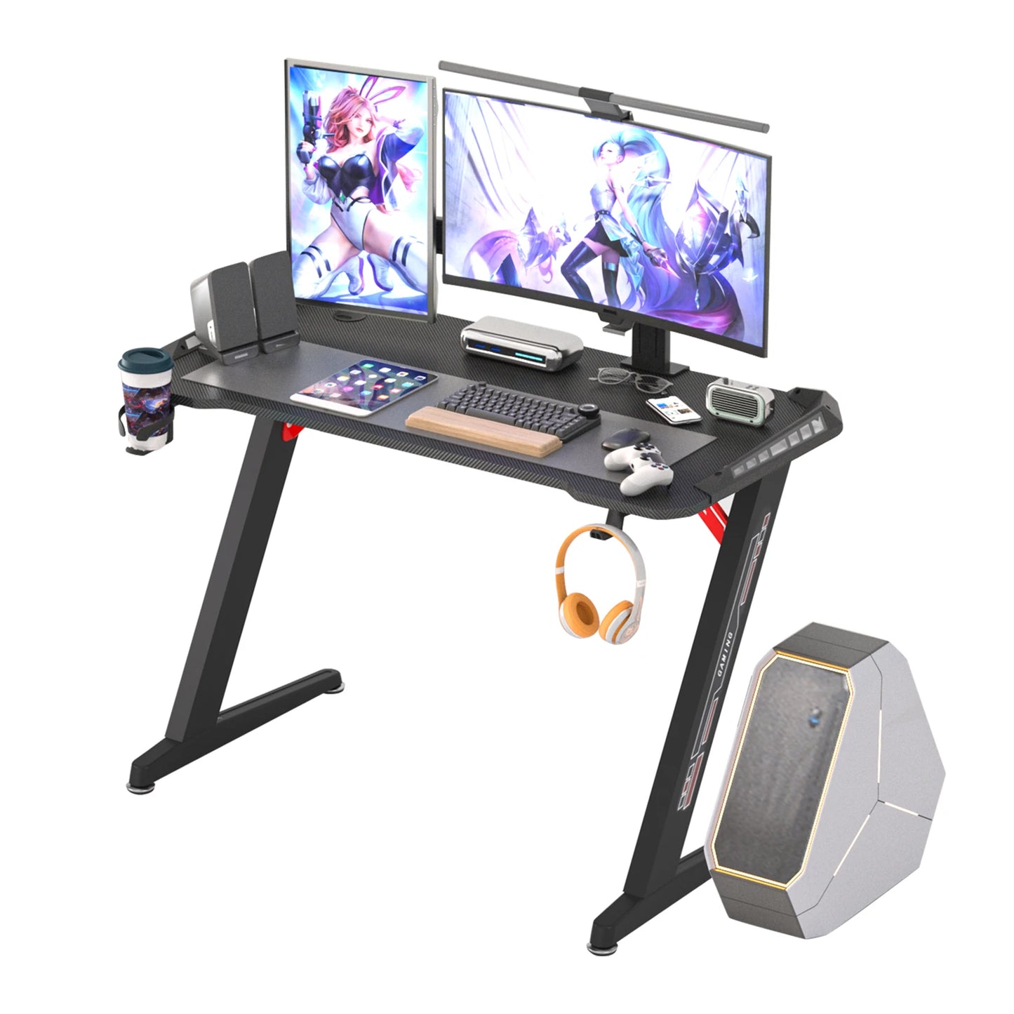 Z-Shaped Computer Gaming Desk w/ RGB LED Lights Home Office Table X-Large 140cm