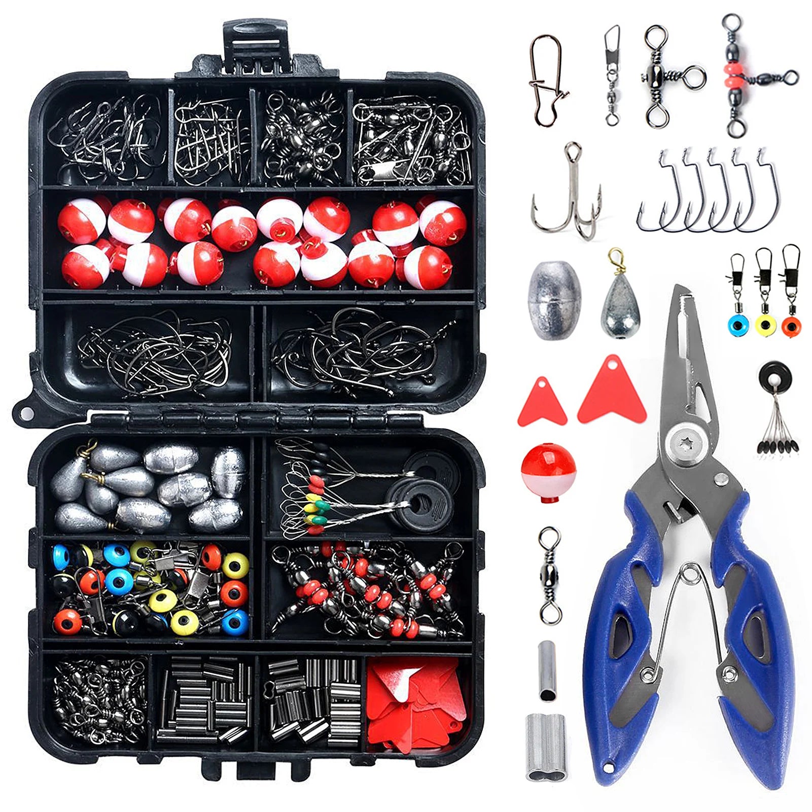 263pcs Fishing Accessories Set with Tackle Box Including Plier Jig Hooks Sinker Weight Swivels Snaps Sinker Slides-Ninja Market