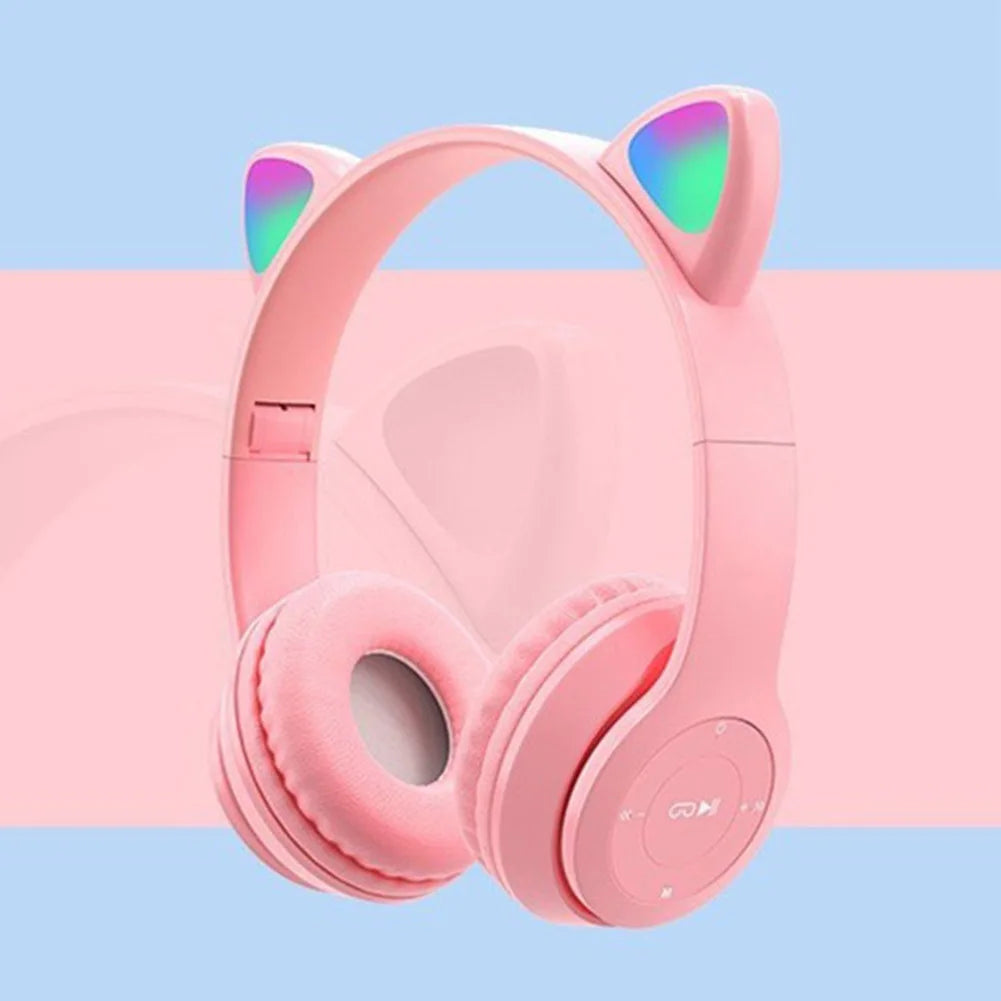 Glow Light Stereo Bass Wireless Cat Ear Gaming Headset Bluetooth Compatible for Kids and Adults