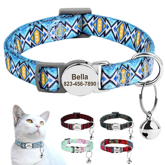 Adjustable Personalized Printed Cat Collar with Free Engraved ID Nameplate Bell Anti-lost Toy for Kittens Puppies Eye Catching Design-Ninja Market