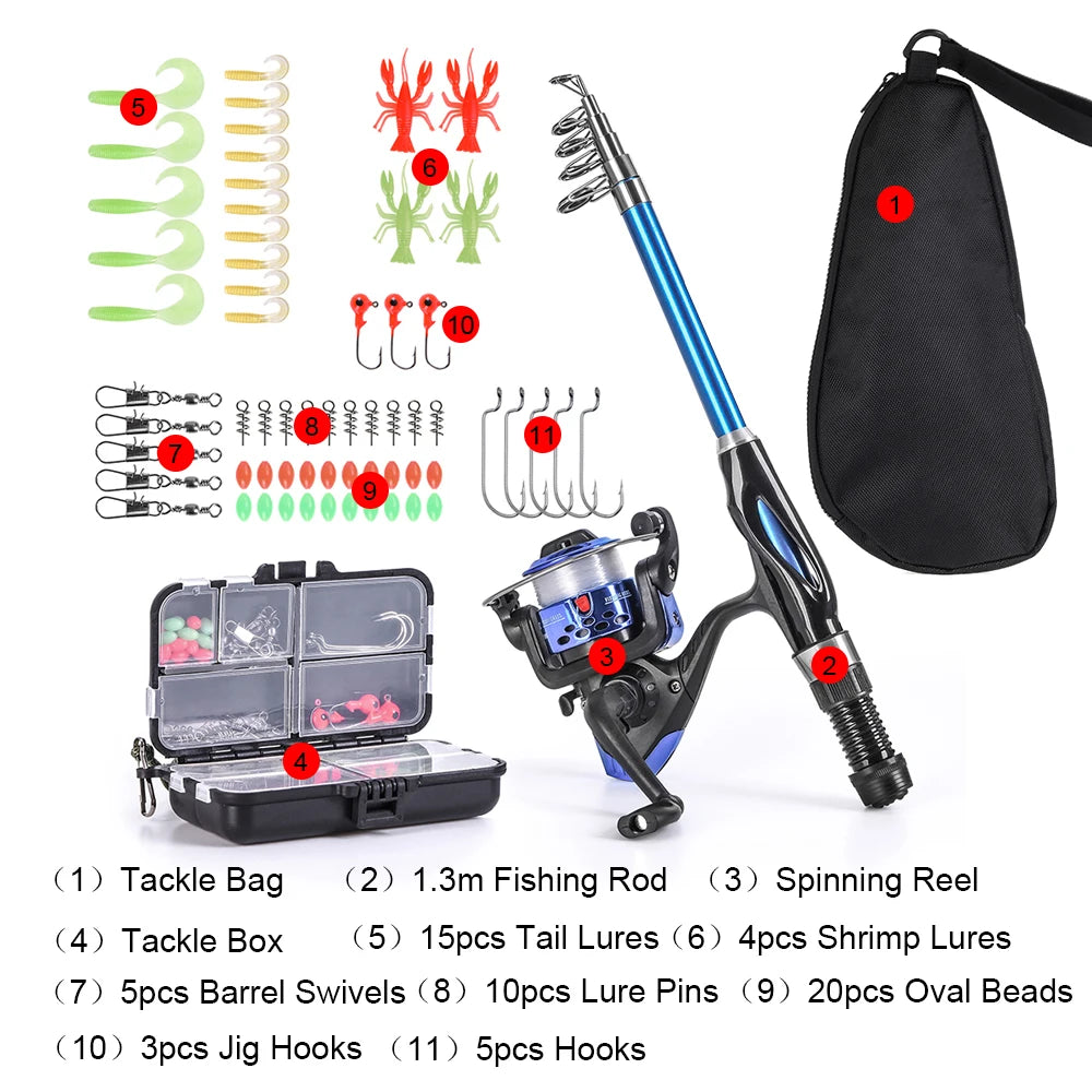 Fishing Rod Reel Combo Full Kit 1.5m Telescopic Fishing Rod Spinning Reel Set with Hooks Soft Lures Barrel Swivels Storage Bag-Ninja Market