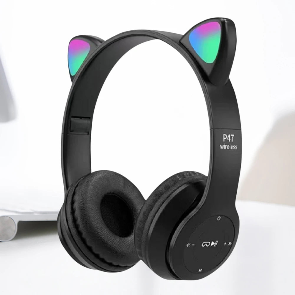 Glow Light Stereo Bass Wireless Cat Ear Gaming Headset Bluetooth Compatible for Kids and Adults