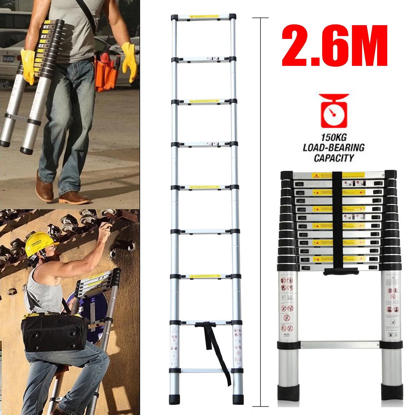 2.6M-5M Telescopic Ladder Sturdy Aluminum Telescoping Extension Ladder 330Lb Max Load EN131 for Household Outdoor Work (Copy)-Ninja Market