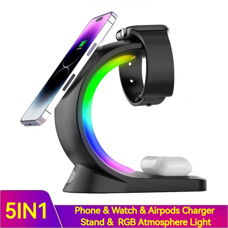 4 in 1 Magnetic Wireless Charger Fast Charging for Smart Phone Atmosphere Light Charging Station for Airpods Pro I-Phone Watch-Ninja Market